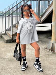 SHEIN Tween Girl Cool Street Style Mesh Splice Solid Color Loose Fit Short Sleeve Top For Spring And Summer