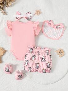 SHEIN Infant And Toddler Girls Summer Pink Elephant Printed Bib And Gloves Set - Pink - View 2