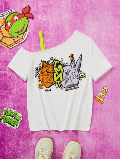TEENAGE MUTANT NINJA TURTLES | SHEIN 少女不對稱肩卡通和字母圖案夏天短袖T恤