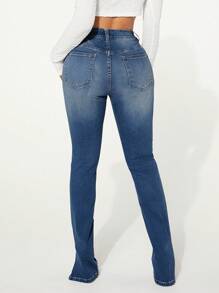 SHEIN SXY Quần jeans có túi Slim Fit xẻ tà thời trang và đa năng - Rửa tối - Xem 3