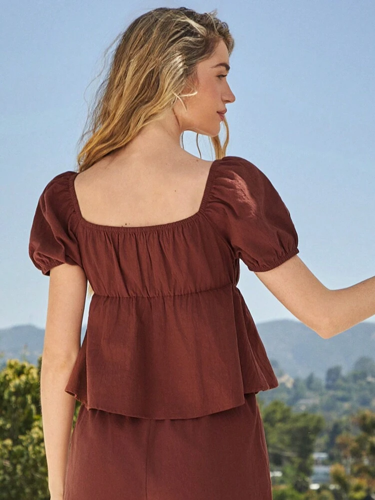 Casual Vacation Loose Fit Brown Blouse With Bubble Sleeves