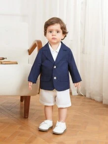 SHEIN Baby Boy Solid Color Short Sleeve Polo Shirt, Shorts, And Jacket Set Suitable For Formal Occasions Such As Weddings, Banquets, 1st Birthday Celebrations