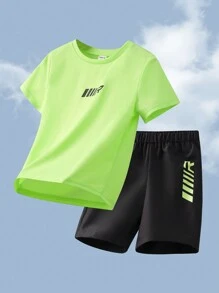 SHEIN 6 件/套青少年男孩休闲运动图案圆领短袖 T 恤和短裤针织 2 件套服装，共 6 件，3 种颜色可选 - 彩色 - 查看 4