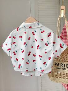 SHEIN LMoss Kids Tween 女童休闲可变领樱桃印花短款短袖衬衫 - 白色 - 查看 2