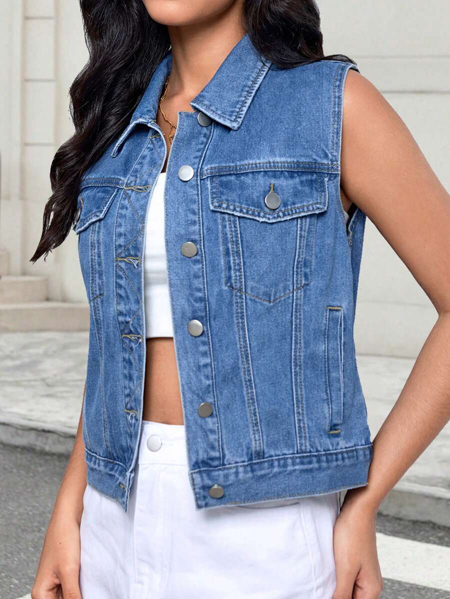 SHEIN Essnce 女士時尚纯色無袖牛仔夾克 - 中等水洗藍 - 查看 1