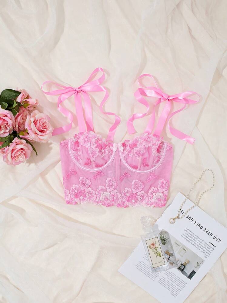Myrelith 1 peça Sutiã de Renda de Tule com Arame para Mulheres, Lingerie - Rosa chiclete - Visão 1