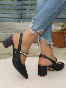 New 2024 Women High Heel Closed Toe White High Heel Pumps, Party Lady Mary Janes Rhinestone Embellished High Heels - Black - View 2