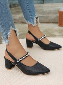 New 2024 Women High Heel Closed Toe White High Heel Pumps, Party Lady Mary Janes Rhinestone Embellished High Heels - Black - View 3