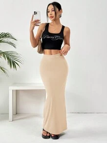SHEIN EZwear 女士黑色針織貼身膝長裙 - 杏色 - 查看 6