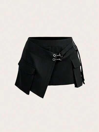 SHEIN ICON Asymmetric Patchwork 3D Pocket Low Waist Mini Skirt