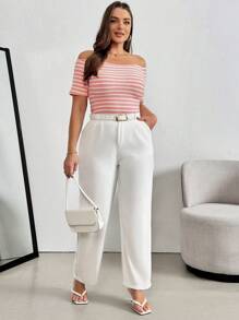 SHEIN Essnce Plus Size Nữ Xuân Hè Mới Thời Trang Kỳ Nghỉ Một Vai Sọc Ngắn Tay Bó Sát Áo Thun - Hồng - Xem 5