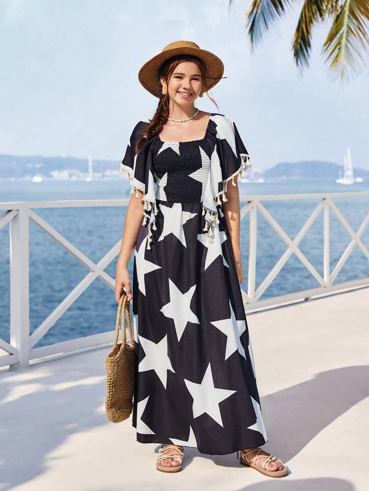 Teen Girl Casual Elegant Star Print Fringed Dress, Vacation