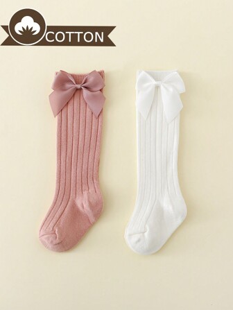 2 par Baby Girls' Bowknot Princess Style Enfärgade mid-calf strumpor