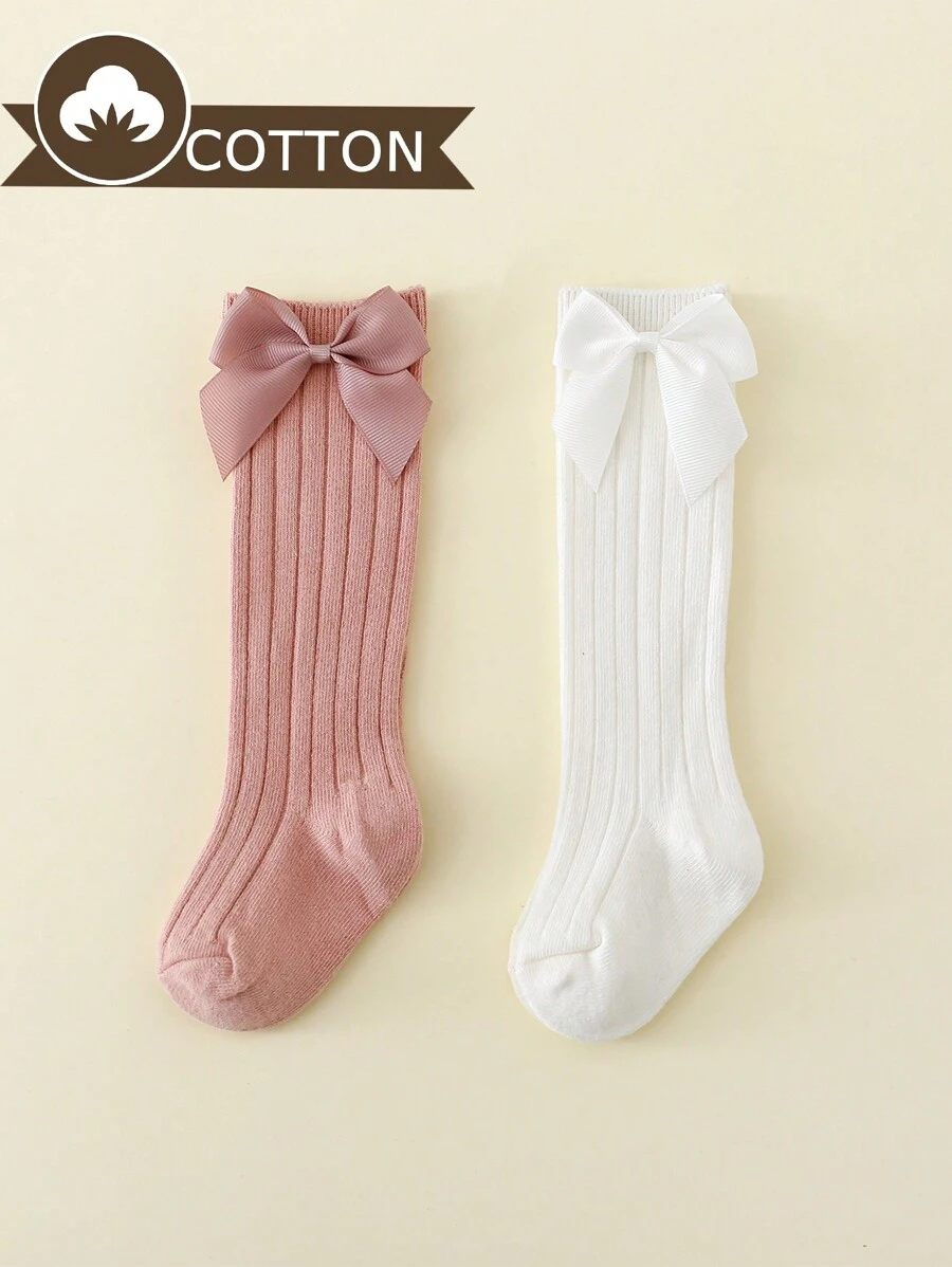 2 Pairs Baby Girls' Bowknot Princess Style Solid Color Mid-Calf Socks - Multicolor - View 1