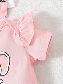 SHEIN Infant And Toddler Girls Summer Pink Elephant Printed Bib And Gloves Set - Pink - View 5