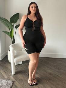 SHEIN SXY Cộng với kích thước áo liền quần dệt kim liền mạch thông thường cho chuyến đi chơi và đi xe đạp trên đường phố - màu đen - Xem 5