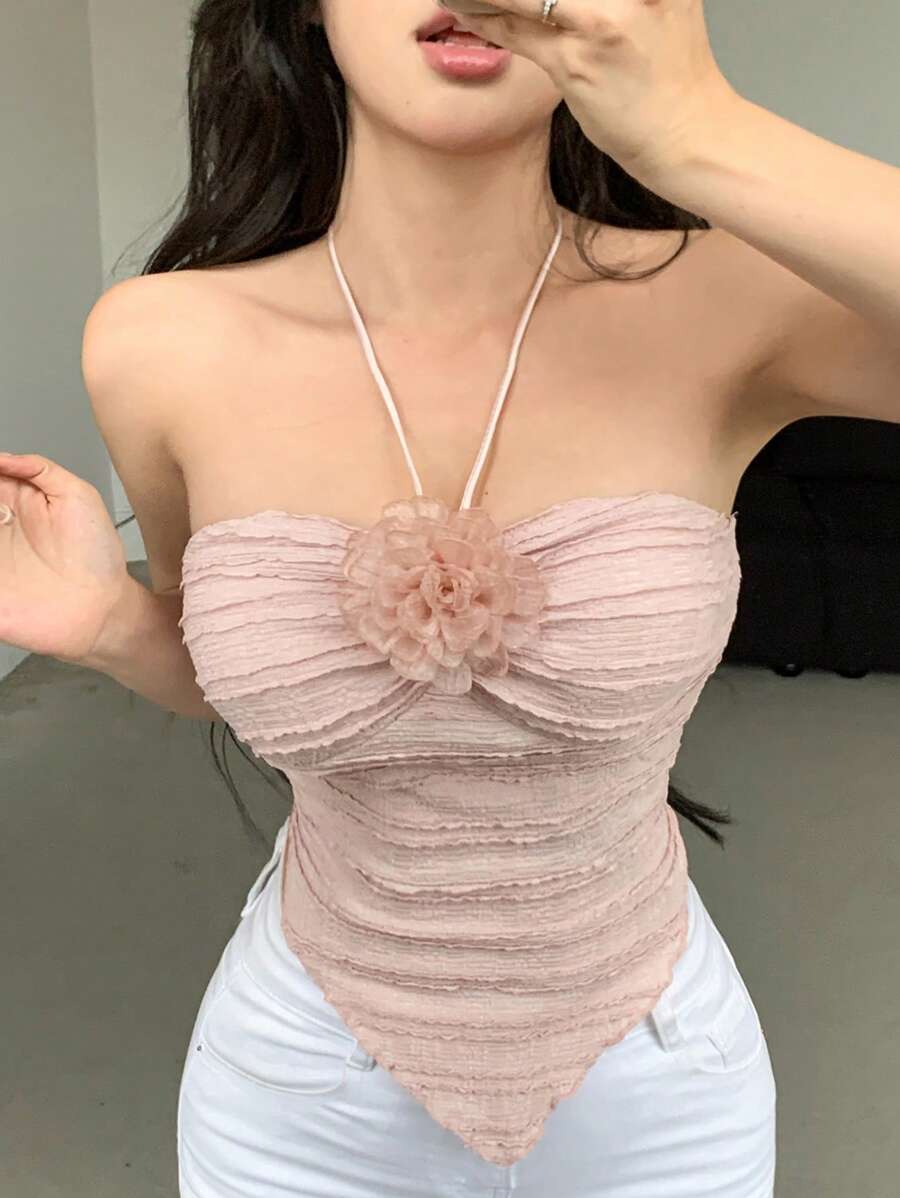 DAZY Textured 3D Floral Halter Women's Camisole Top With Asymmetrical Hem Summer Valentine's Day - Baby Pink - View 1