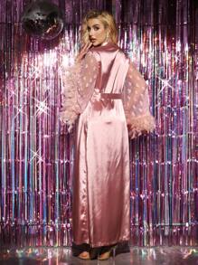 Love Jacquard Feather Wide Sleeve Imitation Silk Robe And Cami Dress Two-Piece Set - Pink - View 2