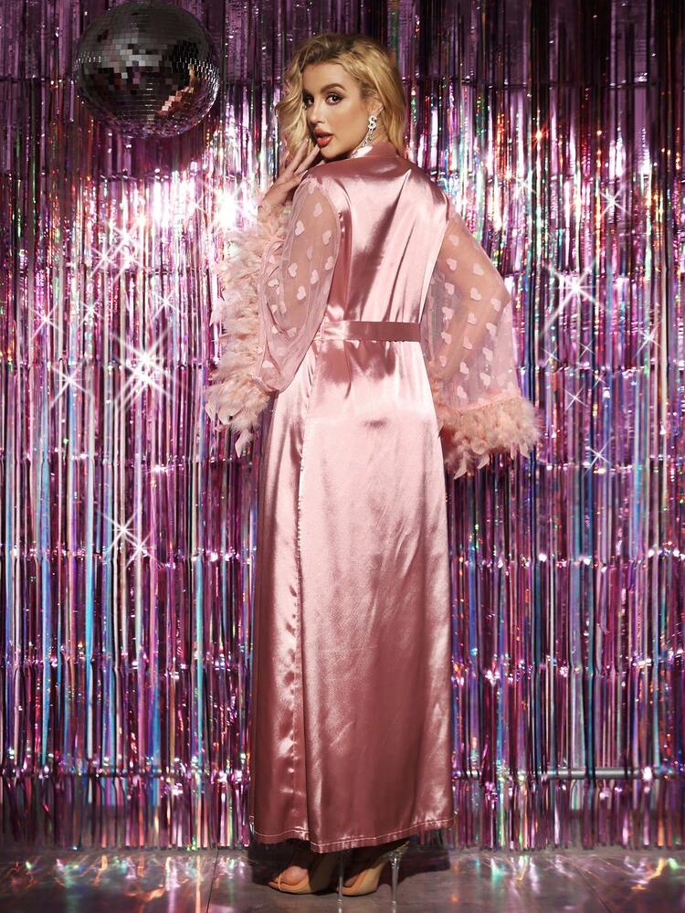 Love Jacquard Feather Wide Sleeve Imitation Silk Robe And Cami Dress Two-Piece Set