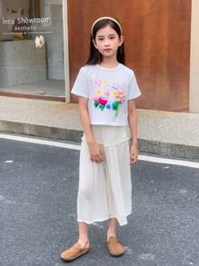 SHEIN Tween女孩純色簡約休閒度假長褲 - 杏色 - 查看 6