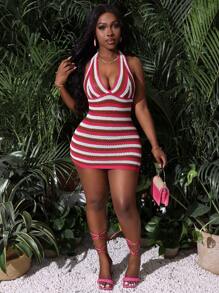 Slaydiva Vacation Multicolor Striped Halter Sundress For Women