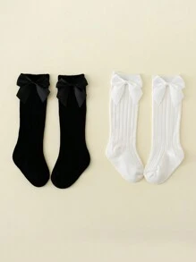 2 Pairs Baby Girls Bowknot Princess Mid-Calf Socks Suitable For Daily Wear
