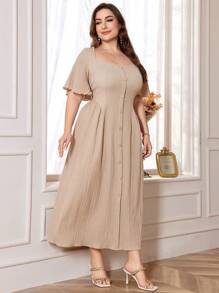 Modelyn Đầm Maxi Cổ Vuông Màu Trơn Đơn Hàng Xếp Ly Tối Giản Size Lớn Cho Nữ - Màu be - Xem 3