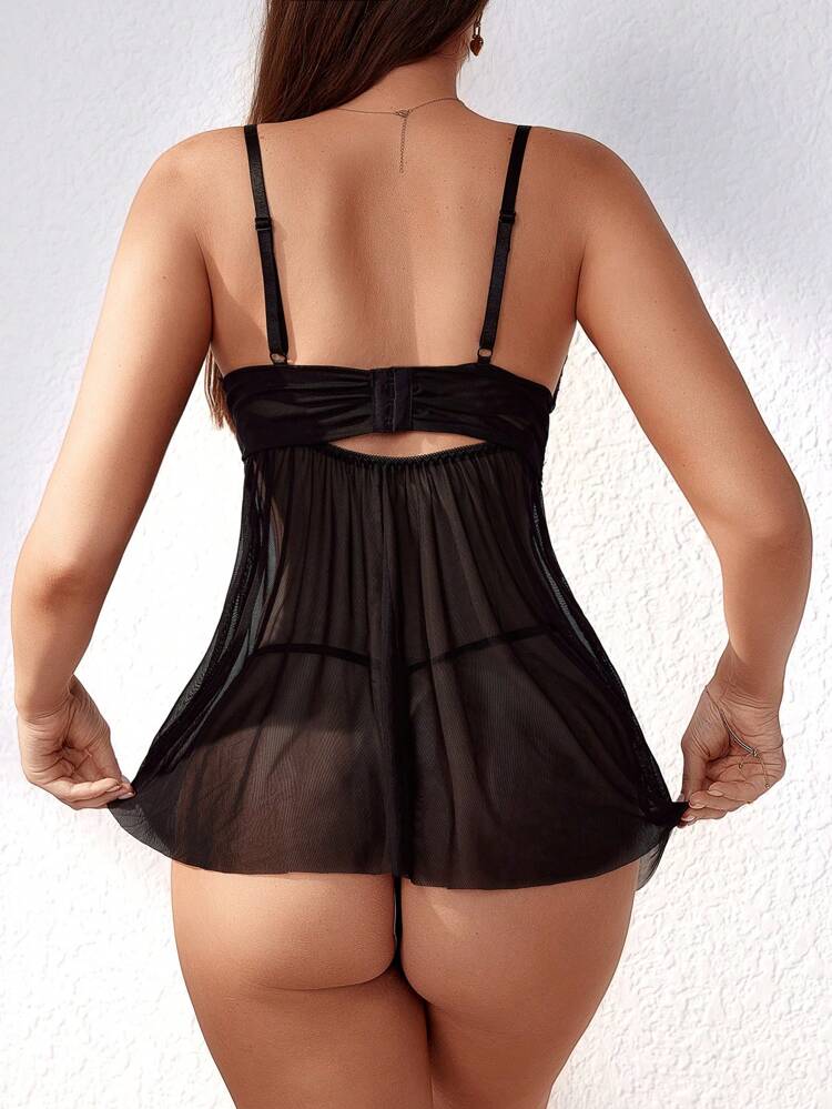 Lace Splice Mesh Women's Sexy Nightdress And Thong Set