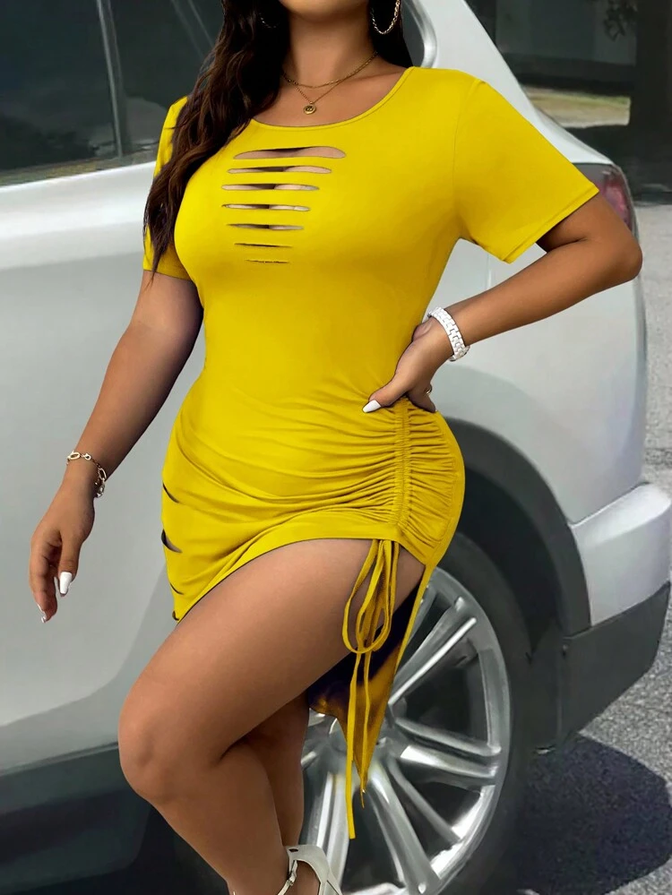 Plus Size Drawstring Detail Distressed Dress