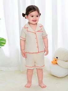 SHEIN Baby Girl Casual Color Block Short Sleeve Cardigan With Elastic Waist Shorts Home Outfit Set (4pcs) - Hot Pink - View 3