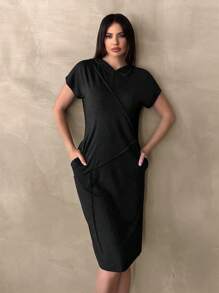 SHEIN Essnce Ladies' Simple Black Short Sleeve Daily Dress Hoodie Summer Clothes Casual Summer Dress - Black - View 2