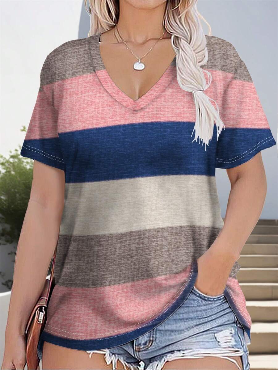 Calvaya Camiseta casual de manga corta de talla grande para mujer con cuello en V, estampado a rayas, verano - Multicolor - Ver 1