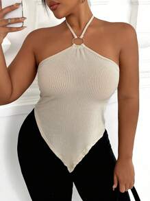 Calvaya Plus Size Summer Solid Color Asymmetrical Hem Halter Top - Apricot - View 6