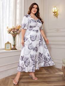 Mulvari Printed Short Sleeve A-Line Dress With Square Neckline - Apricot - View 6