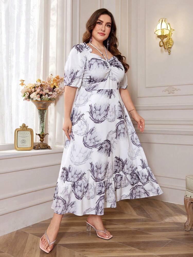 Printed Short Sleeve A-Line Dress With Square Neckline