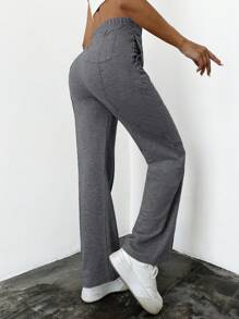 SHEIN Cottnline 女士實色彈性腰運動長褲 - 深灰色 - 查看 2
