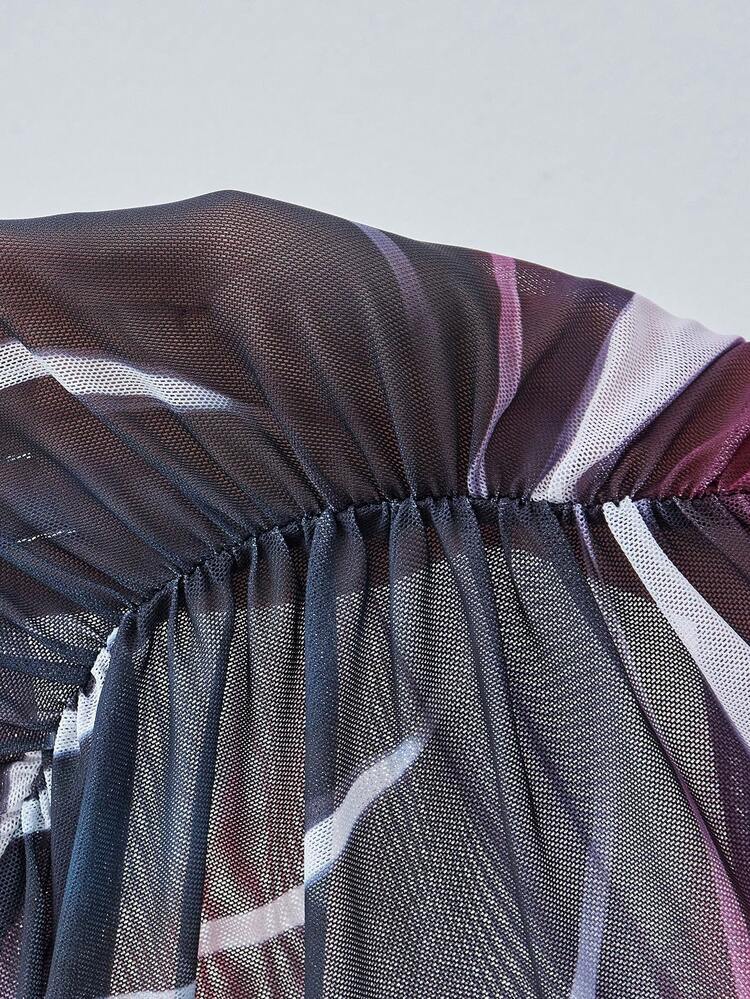 Stand Collar Sleeveless Allover Print Bodysuit With Pleats, Color-Contrasted Edges For Summer