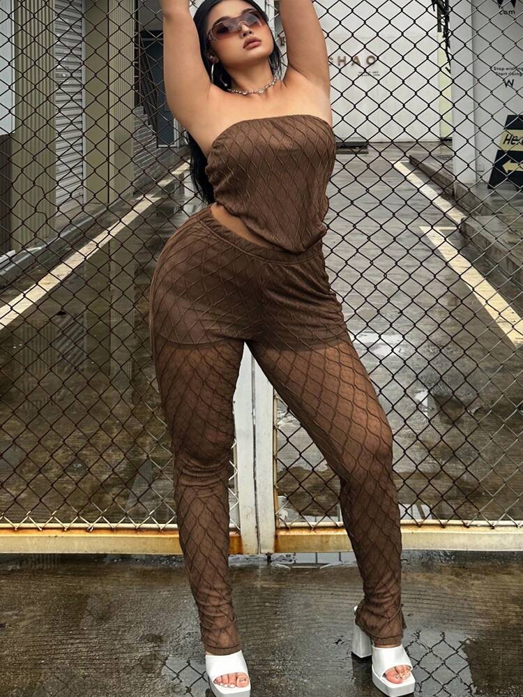 Plus Size Summer Holiday Solid Color Texture Strapless Top And Long Pants Slim Fit 2-Piece Set