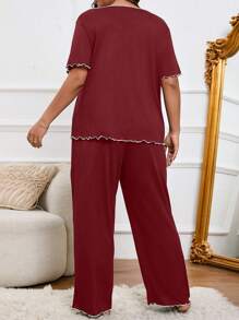 Conjunto de pijama de vino rojo romántico con cuello en V para mujer de talla grande, primavera y otoño - Burdeos - Ver 2