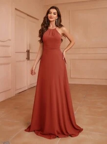 Aureia 成人伴娘礼服，带露背、低背、收腰、喇叭裙、不对称荷叶边下摆优雅连衣裙 - 鏽棕色 - 查看 6