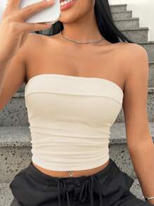 SHEIN EZwear Haut court sans bretelles tricoté unicolore pour femme, idéal pour l'été - Nude - Voir 3
