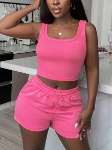 Nuevo conjunto de 2 piezas de verano para mujeres, top y shorts rosa casual para vacaciones - Rosa Fucsia - Ver 6