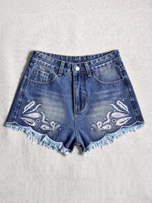 SHEIN Essnce Women's Pocket Patchwork Raw Hem Plant Printed Casual Denim Shorts - Blue - View 5