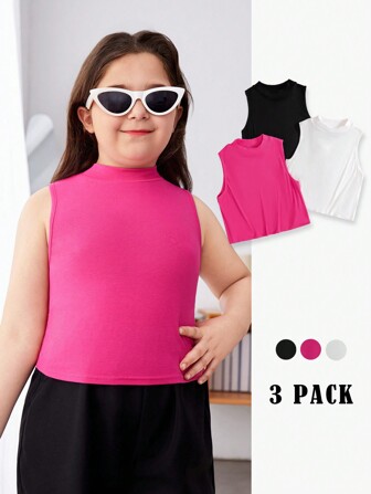 SHEIN Camiseta básica, cómoda y de estilo sencillo con cuello de pie, adecuada para niña preadolescente de talla extendida para verano