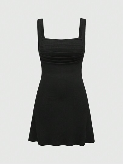 Vestido casual y cómodo para mujer con diseño de fruncido de unicolor y cinturón para dar forma en línea A