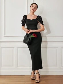 Modelyn Vestido de moda elegante para mujeres con mangas abullonadas y tiras cruzadas en la espalda - Negro - Ver 7