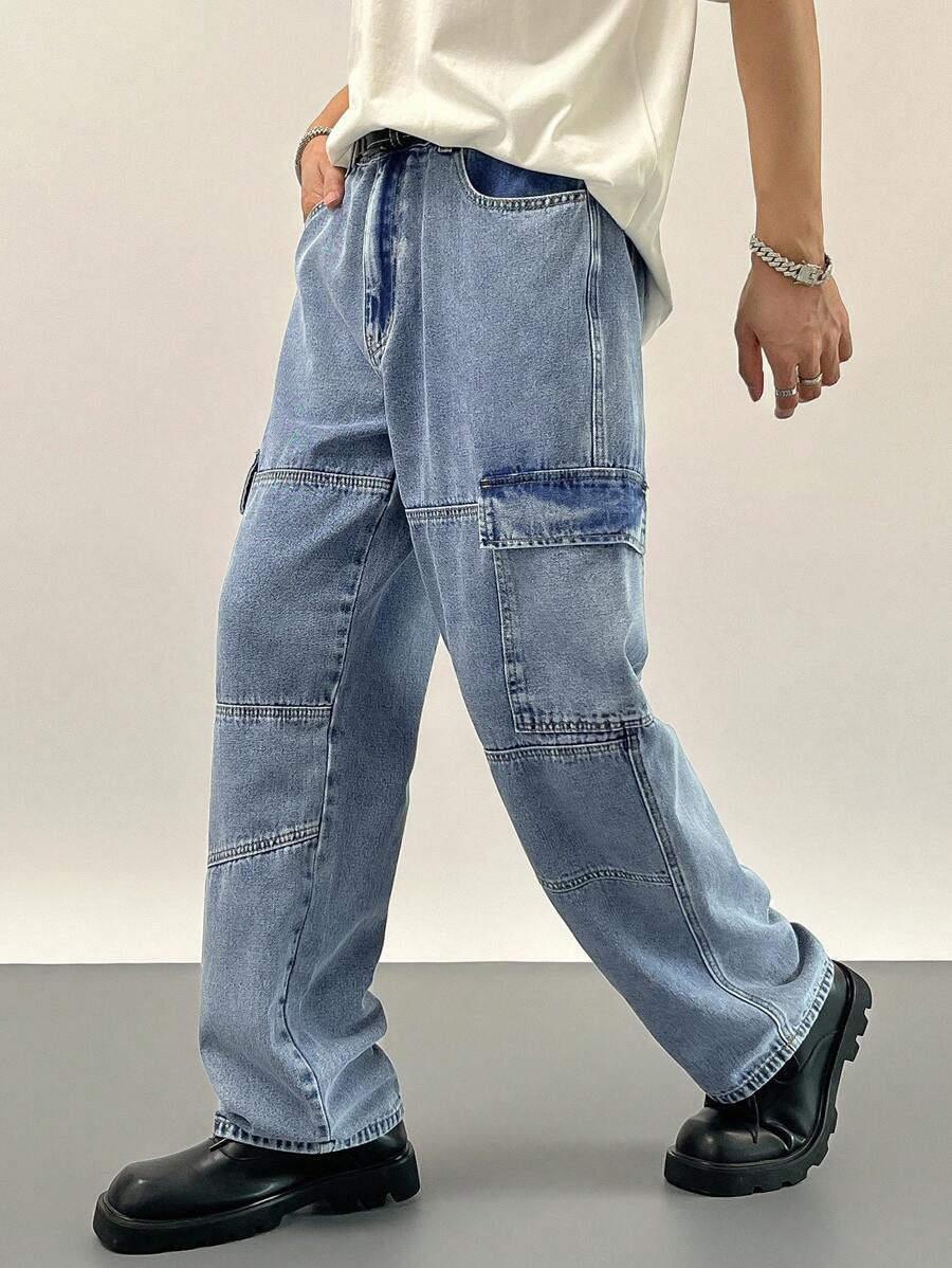 DAZY Men's Casual Washed Straight Leg Cargo Jeans - Blue - View 1