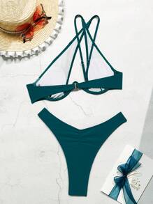SHEIN Slayr Women's Holiday Solid Color Asymmetrical Neck Hollow Out Sexy Bikini Set, With Underwire Push Up,Summer Beach - Dark Green - View 2