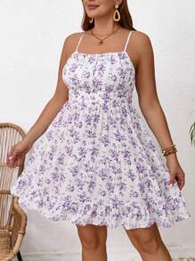 SHEIN Frenchy Plus Size Women's Boho Floral Print Backless Spaghetti Strap Dress, For Summer,Beach Dress Sundress,Holiday Outfits - Mauve Purple - View 3