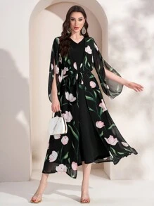 Modelyn Women's Elegant Floral Print Arabic Two-Piece Set - Pink - View 5
